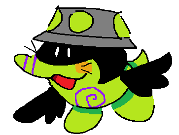 A drawing of my Tamagotchi sona. He wears a grey bucket hat styled to look like a ufo with green circles on it. He has a round body with two round feet on the bottom, also having a tail. He is a shade of lime green and has black wings in place of arms! the top part of his face below the hat is shadowed with two small white eyes, there is also a point coming out of the shadow and onto the face, similar to hair. he also has whiskers and has a happy expression